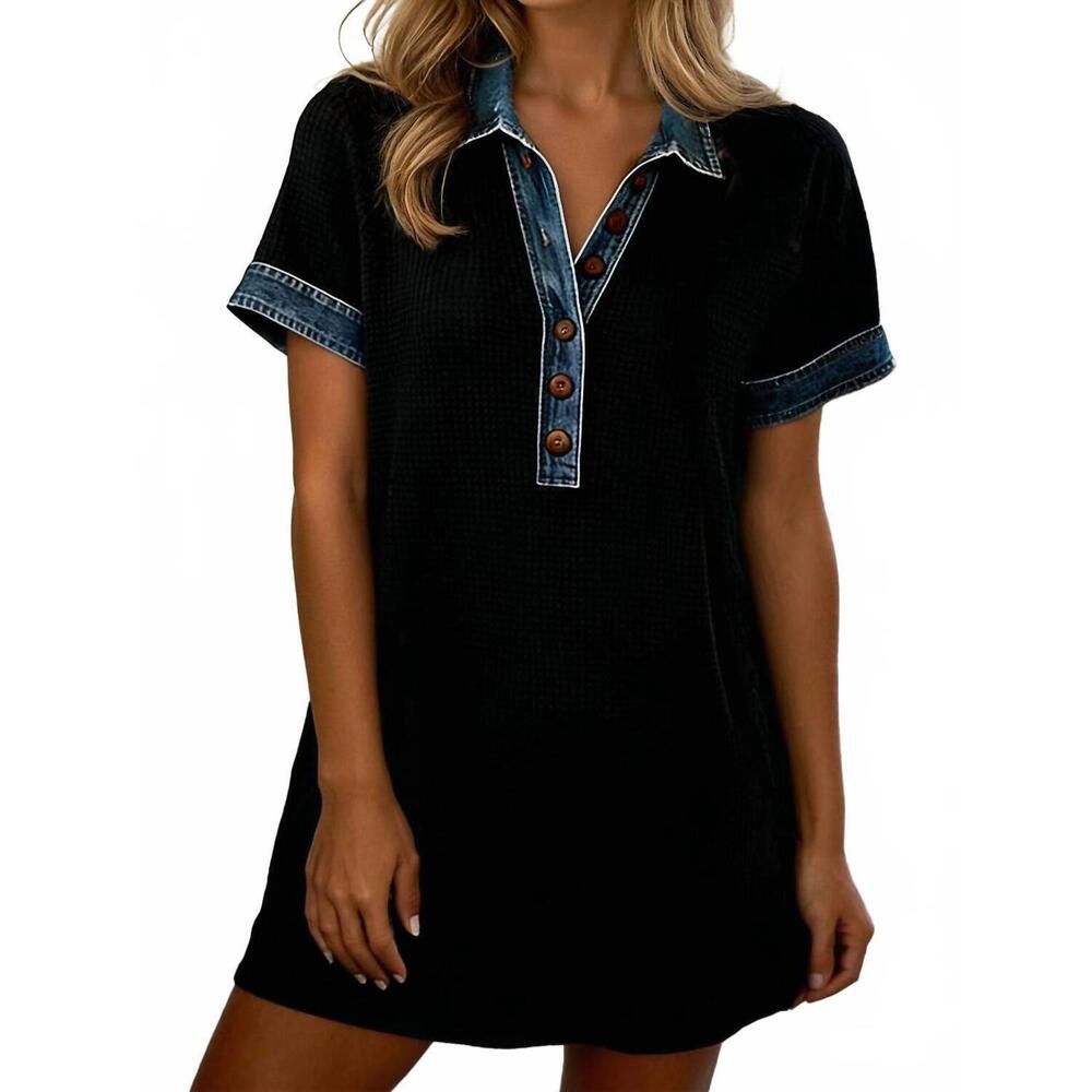 NEW 1 THE WOMAN waffle knit denim button polo dress in black/ blue